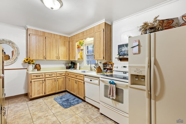 2739 W W St, Anne, Rapid City, SD 57701 - kitchen featuring white appliances, a sink, ornamental molding, light countertops, and light tile patterned floors