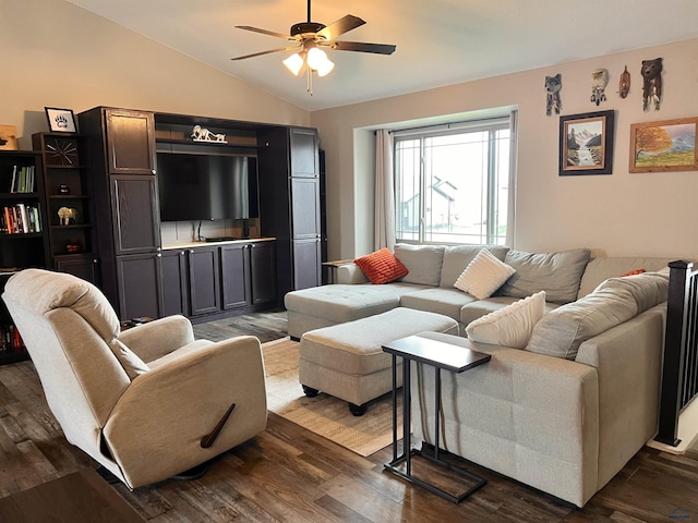 3620 Remington Rd, Rapid City, SD 57703 - living room with a ceiling fan, vaulted ceiling, and dark wood-type flooring