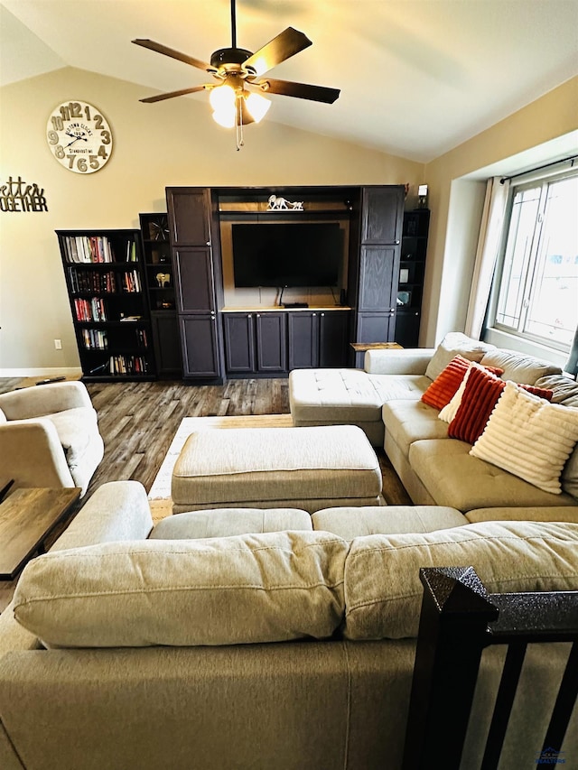 3620 Remington Rd, Rapid City, SD 57703 - living room featuring vaulted ceiling, wood finished floors, ceiling fan, and baseboards