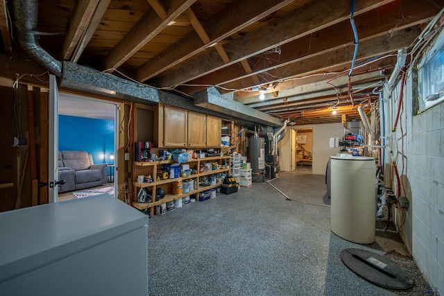 1421 12th Ave, Belle Fourche, SD 57717 - unfinished below grade area featuring a water softener, white refrigerator, and water heater