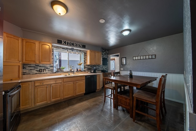 1421 12th Ave, Belle Fourche, SD 57717 - kitchen with black appliances, a sink, light countertops, backsplash, and a wainscoted wall