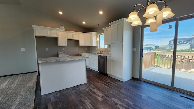453 Yelner Dr Lot 14Blk 5, Box Elder, SD 57719 - kitchen with stainless steel dishwasher, healthy amount of natural light, white cabinets, dark wood-type flooring, and lofted ceiling