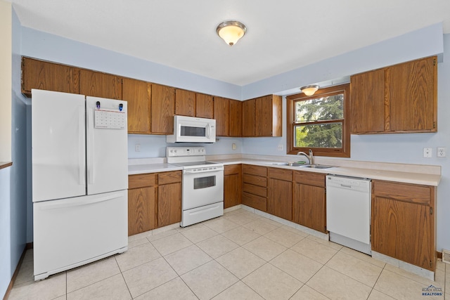 6312 Fairway Dr, Black Hawk, SD 57718 - kitchen featuring white appliances, a sink, brown cabinetry, light countertops, and light tile patterned flooring