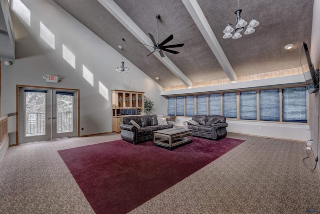 3965 Fairway Hills Dr, Rapid City, SD 57702 - living area with carpet, a chandelier, high vaulted ceiling, ceiling fan, and beamed ceiling