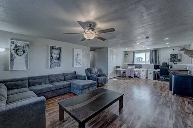 22970 Candlelight Dr, Rapid City, SD 57703 - living room featuring a desk, wood finished floors, a ceiling fan, a textured ceiling, and recessed lighting