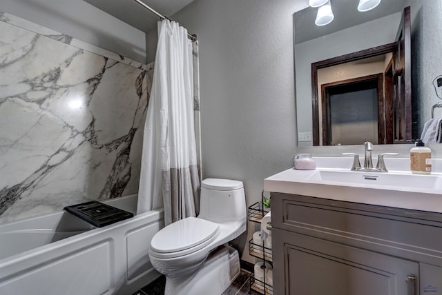22970 Candlelight Dr, Rapid City, SD 57703 - bathroom with toilet, shower / bathtub combination with curtain, vanity, and a textured wall