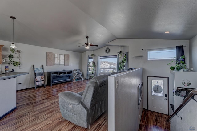 22970 Candlelight Dr, Rapid City, SD 57703 - living area featuring wood finished floors, vaulted ceiling, and a ceiling fan