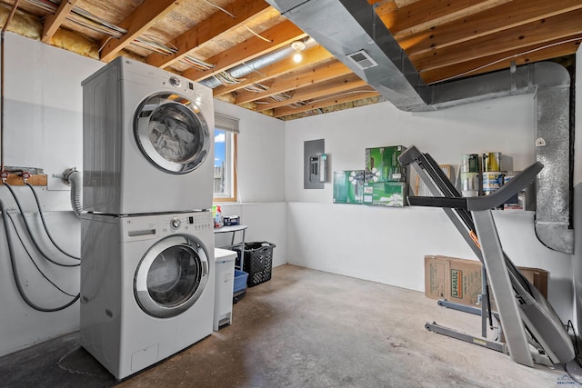 5436 Weathervane Ln, Rapid City, SD 57703 - laundry area featuring estacked washer and dryer and electric panel