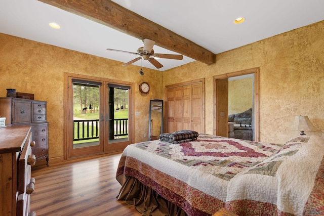 22600 Jenny Gulch Rd Unit 22600/22636Jenny, Gulch Rd, Rapid City, SD 57702 - bedroom with wood finished floors, access to outside, beam ceiling, a textured wall, and recessed lighting