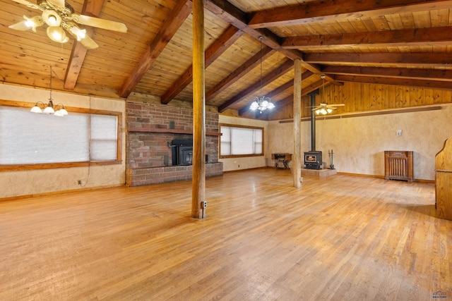 22600 Jenny Gulch Rd Unit 22600/22636Jenny, Gulch Rd, Rapid City, SD 57702 - unfurnished living room with a wood stove, wood finished floors, wooden ceiling, and ceiling fan