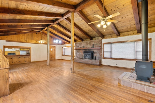 22600 Jenny Gulch Rd Unit 22600/22636Jenny, Gulch Rd, Rapid City, SD 57702 - unfurnished living room with a wood stove, wood ceiling, wood finished floors, a fireplace, and a ceiling fan