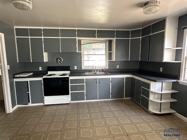 204 3rd Ave, Edgemont, SD 57735 - kitchen with open shelves, range with electric cooktop, a sink, dark countertops, and baseboards