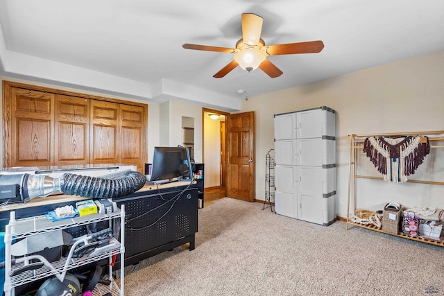 22841 Gateway Dr, Box Elder, SD 57719 - bedroom with light colored carpet, baseboards, ceiling fan, and an office area