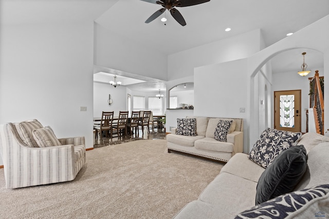 6401 Mountain Meadow Rd, Black Hawk, SD 57718 - living area featuring arched walkways, a ceiling fan, carpet floors, a high ceiling, and recessed lighting