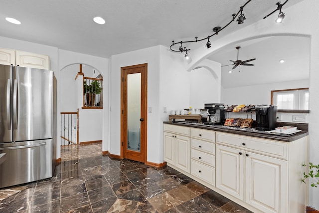 6401 Mountain Meadow Rd, Black Hawk, SD 57718 - kitchen with freestanding refrigerator, dark countertops, cream cabinets, a ceiling fan, and recessed lighting