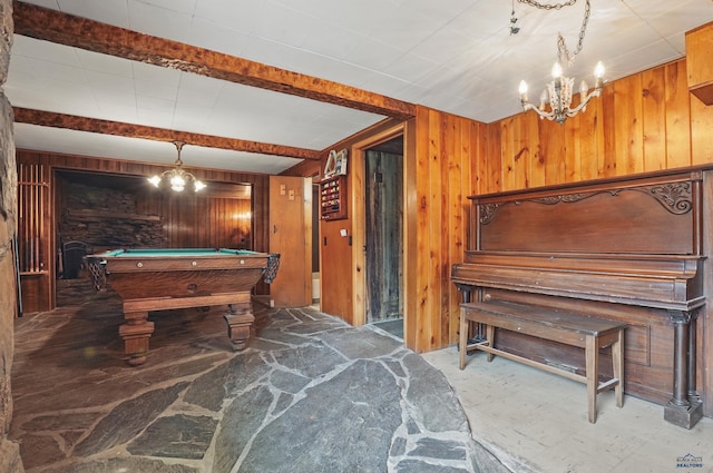 12384 Stannum Pl, Hill City, SD 57745 - rec room featuring wooden walls, pool table, and a chandelier