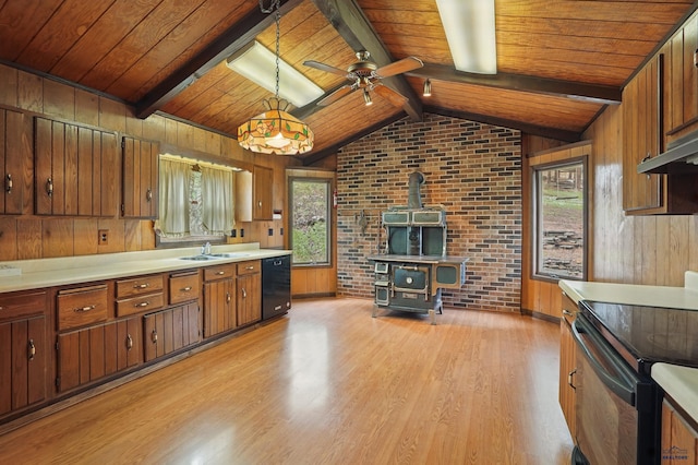 12384 Stannum Pl, Hill City, SD 57745 - kitchen featuring a wood stove, a sink, black appliances, wooden ceiling, and light wood finished floors