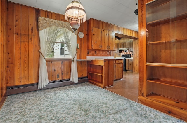 12384 Stannum Pl, Hill City, SD 57745 - kitchen with black electric range, wood walls, brown cabinetry, a chandelier, and a baseboard heating unit