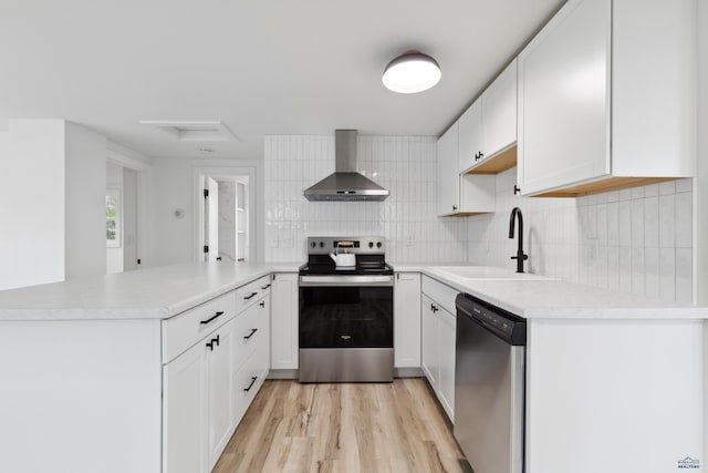 726 Willsie Ave, Rapid City, SD 57701 - kitchen featuring wall chimney range hood, stainless steel appliances, a sink, a peninsula, and tasteful backsplash