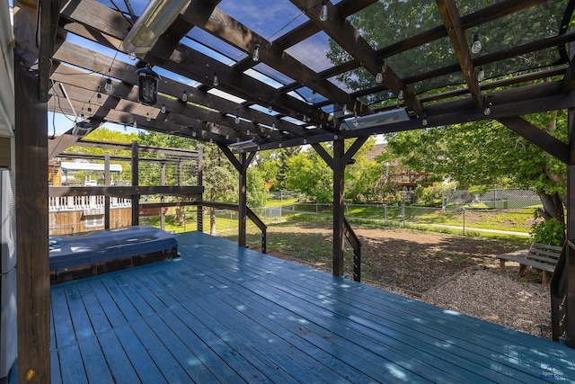 1215 Range View Cir, Rapid City, SD 57701 - deck featuring a fenced backyard, a pergola, and a covered hot tub