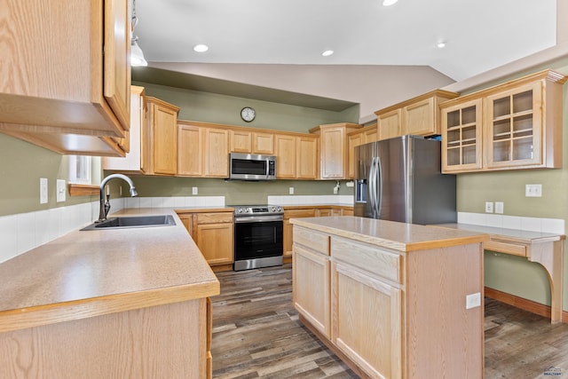 4300 Donegal Way, Rapid City, SD 57702 - kitchen with appliances with stainless steel finishes, light brown cabinetry, a sink, dark wood-style floors, and vaulted ceiling