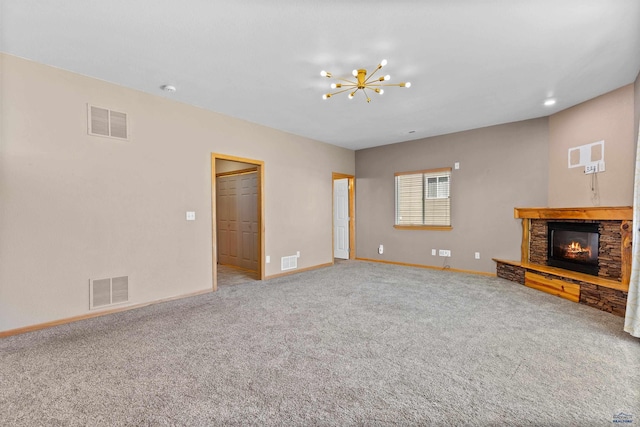 4300 Donegal Way, Rapid City, SD 57702 - unfurnished living room with baseboards, carpet, a fireplace, a chandelier, and recessed lighting