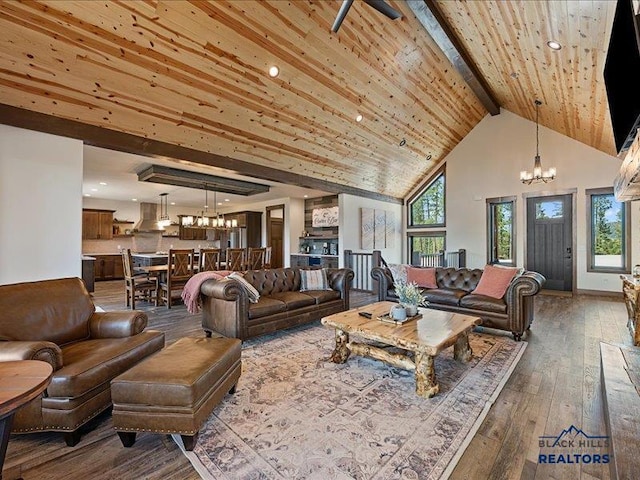 11311 Overlook Ct, Lead, SD 57754 - living room with a chandelier, hardwood / wood-style flooring, high vaulted ceiling, wood ceiling with exposed beams, and recessed lighting