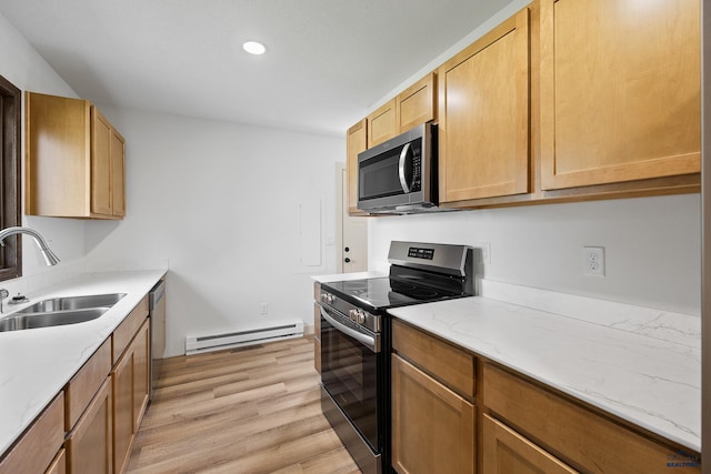 248 S 10th St, Custer, SD 57730 - kitchen featuring appliances with stainless steel finishes, a sink, baseboard heating, light wood-style floors, and light stone counters