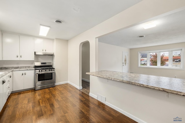 814 Flormann, Rapid City, SD 57701 - kitchen with stainless steel gas stove, under cabinet range hood, arched walkways, dark wood-style floors, and baseboards