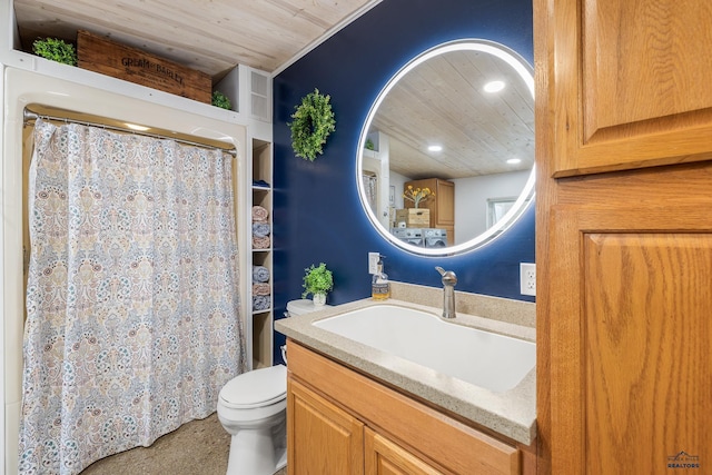 814 Flormann, Rapid City, SD 57701 - bathroom featuring wood ceiling, vanity, toilet, recessed lighting, and a shower with curtain
