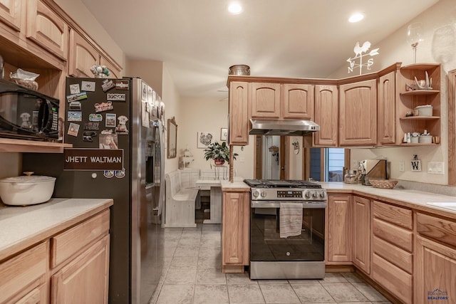 7410 Pinewood Ct, Rapid City, SD 57702 - kitchen featuring appliances with stainless steel finishes, under cabinet range hood, open shelves, light countertops, and recessed lighting
