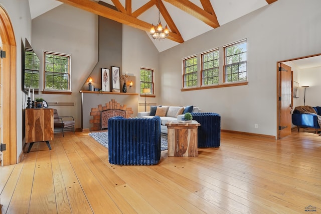 902 Fulton St, Rapid City, SD 57701 - living area featuring high vaulted ceiling, a chandelier, a brick fireplace, hardwood / wood-style floors, and beam ceiling
