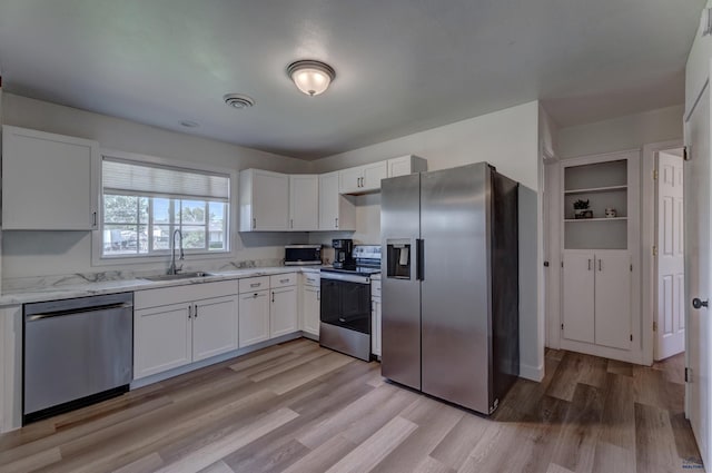 426 E Oakland, Rapid City, SD 57701 - kitchen featuring appliances with stainless steel finishes, a sink, white cabinetry, light wood-style floors, and light stone counters