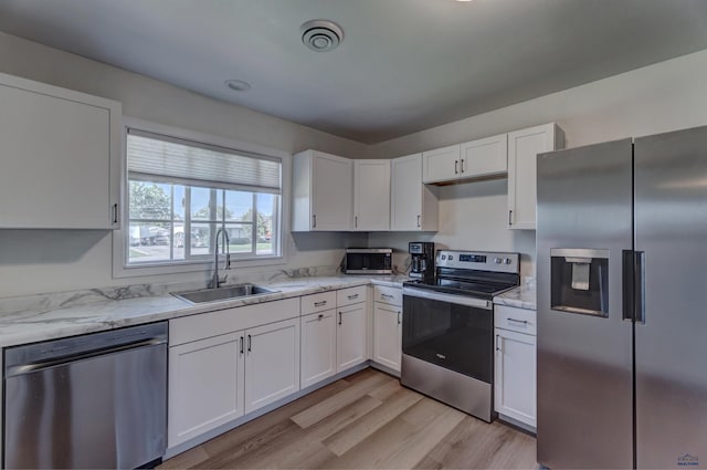 426 E Oakland, Rapid City, SD 57701 - kitchen featuring appliances with stainless steel finishes, a sink, white cabinets, light wood-style flooring, and light stone countertops