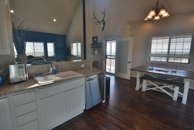 14450 Edgewood Pl, Piedmont, SD 57769 - kitchen with dishwasher, a sink, dark wood-style floors, a chandelier, and white cabinets