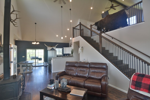 14450 Edgewood Pl, Piedmont, SD 57769 - living room featuring high vaulted ceiling, a ceiling fan, hardwood / wood-style floors, and baseboards