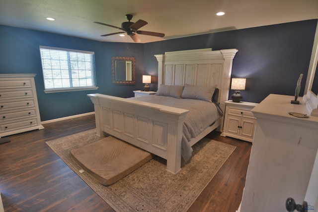 14450 Edgewood Pl, Piedmont, SD 57769 - bedroom with baseboards, dark wood-style floors, recessed lighting, and a ceiling fan