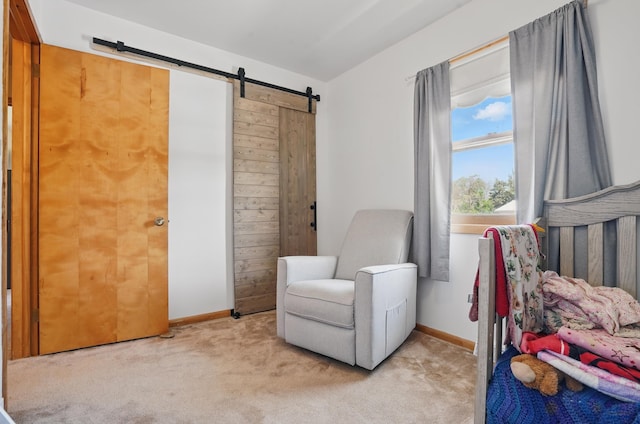 701 Hustead St, Wall, SD 57790 - sitting room featuring a barn door, carpet floors, and baseboards