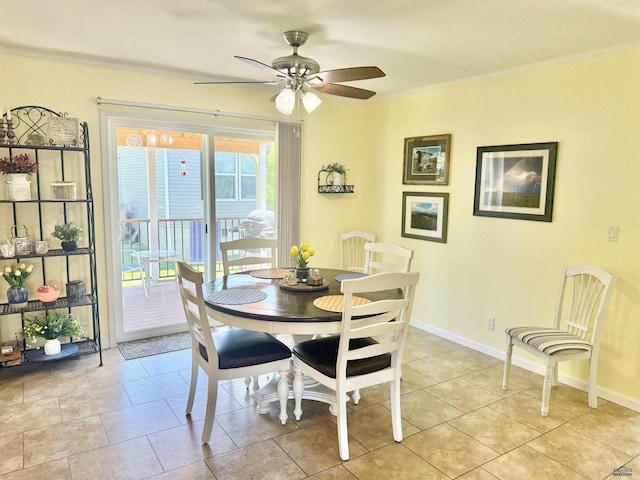1222 Foothill Dr, Spearfish, SD 57783 - dining space featuring ceiling fan, light tile patterned floors, baseboards, and crown molding