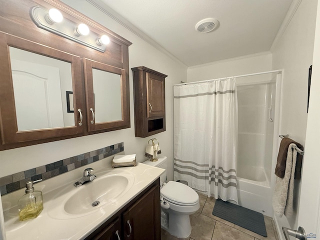 1222 Foothill Dr, Spearfish, SD 57783 - full bath featuring vanity, toilet, tile patterned floors, ornamental molding, and shower / bathtub combination with curtain