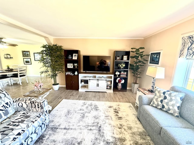 1222 Foothill Dr, Spearfish, SD 57783 - living room featuring wood finished floors, ornamental molding, baseboards, and a ceiling fan