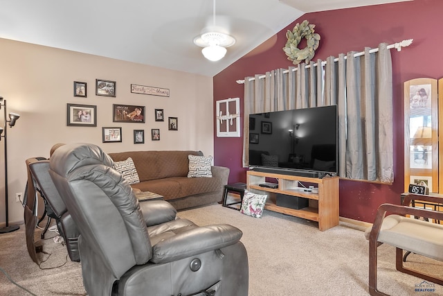 2198 Old Farm Ct, Rapid City, SD 57703 - living room featuring carpet floors, vaulted ceiling, a ceiling fan, and baseboards