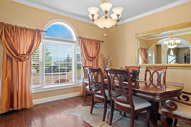 1120 S Regency Ct, Rapid City, SD 57702 - dining room with a chandelier, baseboards, ornamental molding, hardwood / wood-style floors, and stairs
