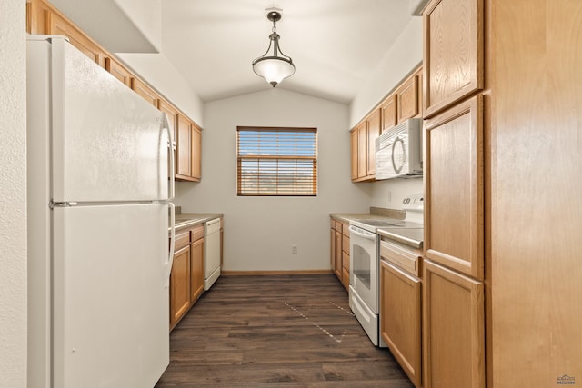 768 Earleen St Unit F, Rapid City, SD 57701 - kitchen with white appliances, dark wood-style floors, light countertops, lofted ceiling, and baseboards