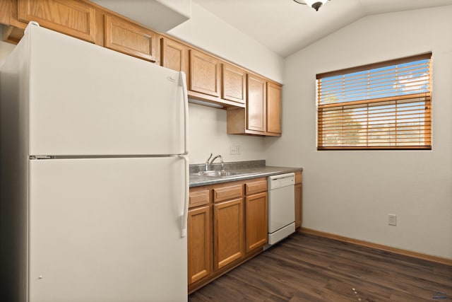 768 Earleen St Unit F, Rapid City, SD 57701 - kitchen featuring white appliances, a sink, dark wood-style floors, baseboards, and lofted ceiling