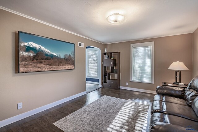 1316 Clark, Rapid City, SD 57701 - living room featuring crown molding, arched walkways, wood finished floors, and baseboards