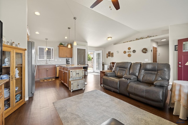 3511 Jerusalem Blvd, Rapid City, SD 57703 - living area featuring a ceiling fan, vaulted ceiling, dark wood finished floors, and recessed lighting