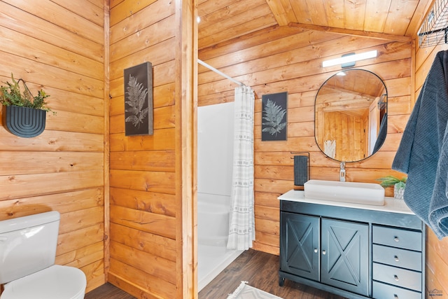 22219 Saddle Rd, Piedmont, SD 57769 - bathroom with wood finished floors, vanity, wooden walls, lofted ceiling, and a stall shower