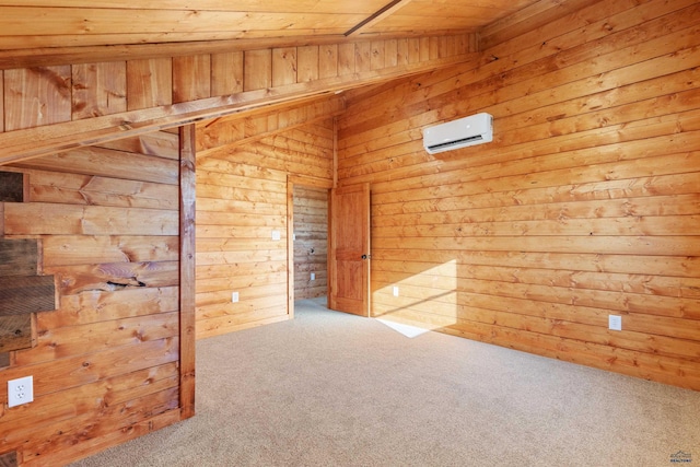 22219 Saddle Rd, Piedmont, SD 57769 - carpeted empty room featuring a wall unit AC, wooden ceiling, and wood walls