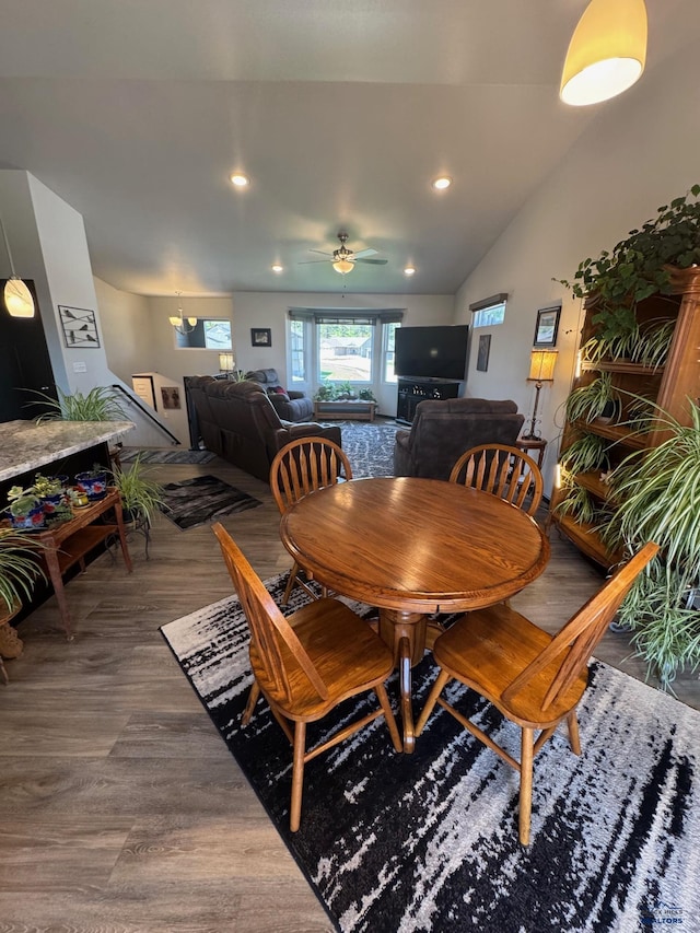 3408 Davenport Loop, Sturgis, SD 57785 - dining room featuring wood finished floors, ceiling fan, recessed lighting, and vaulted ceiling